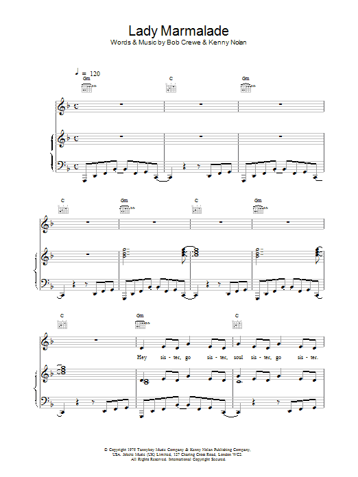 All Saints Lady Marmalade sheet music notes and chords arranged for Piano, Vocal & Guitar Chords
