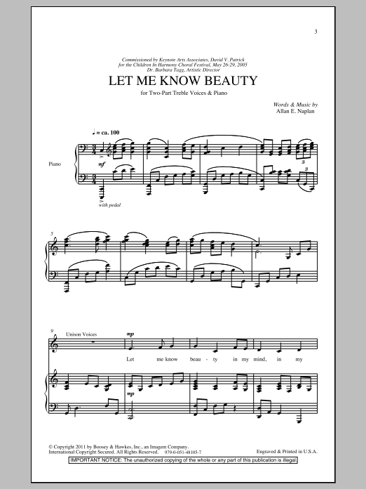 Allan Naplan Let Me Know Beauty sheet music notes and chords arranged for 2-Part Choir