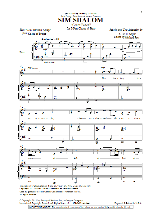 Allan Naplan Sim Shalom (Grant Peace) sheet music notes and chords arranged for 2-Part Choir