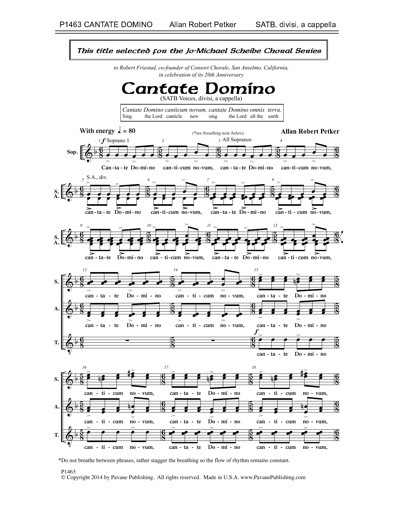 Allan Robert Petker Cantate Domino sheet music notes and chords arranged for SATB Choir