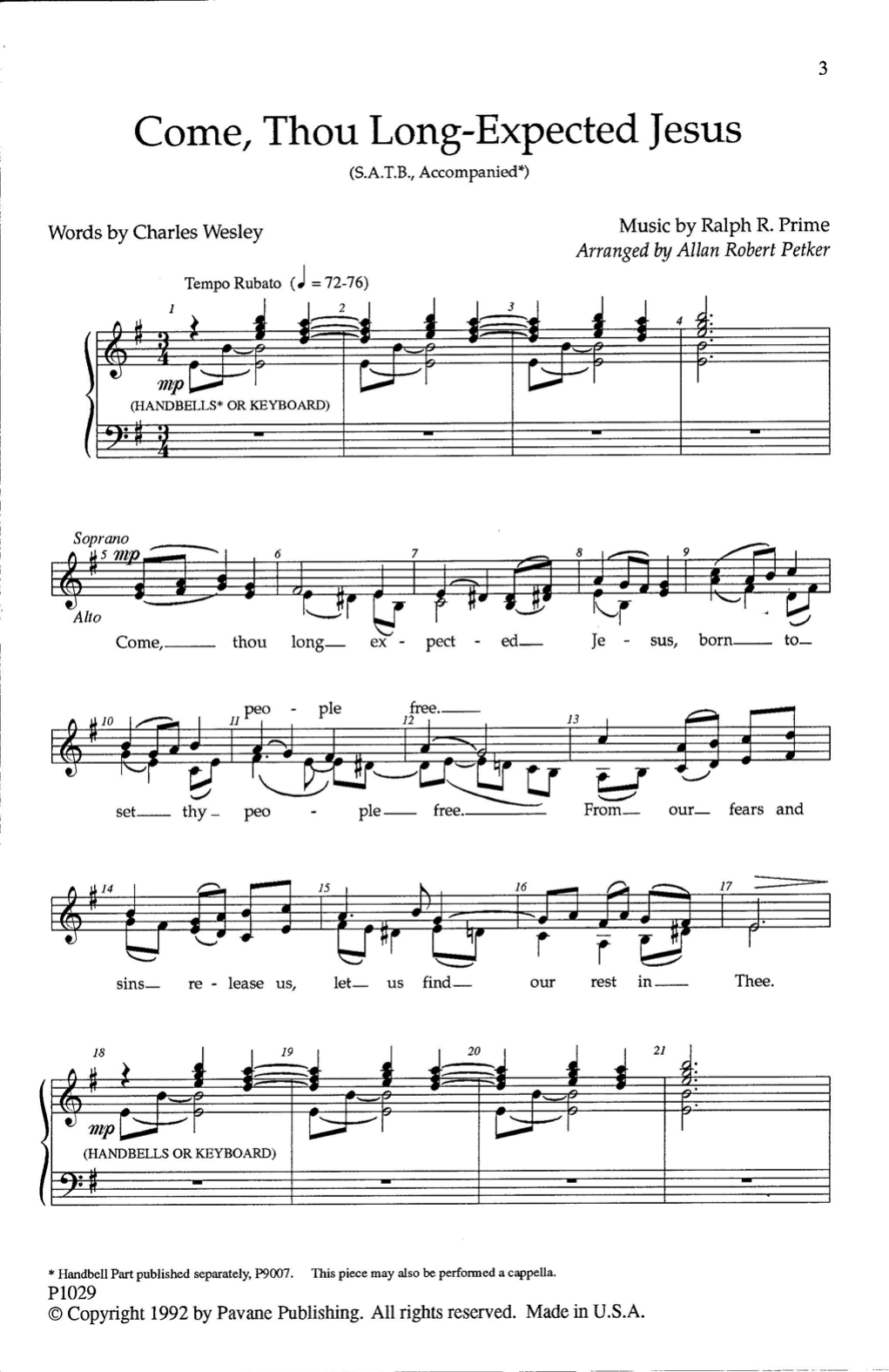 Allan Robert Petker Come Thou Long-Expected Jesus sheet music notes and chords arranged for SATB Choir