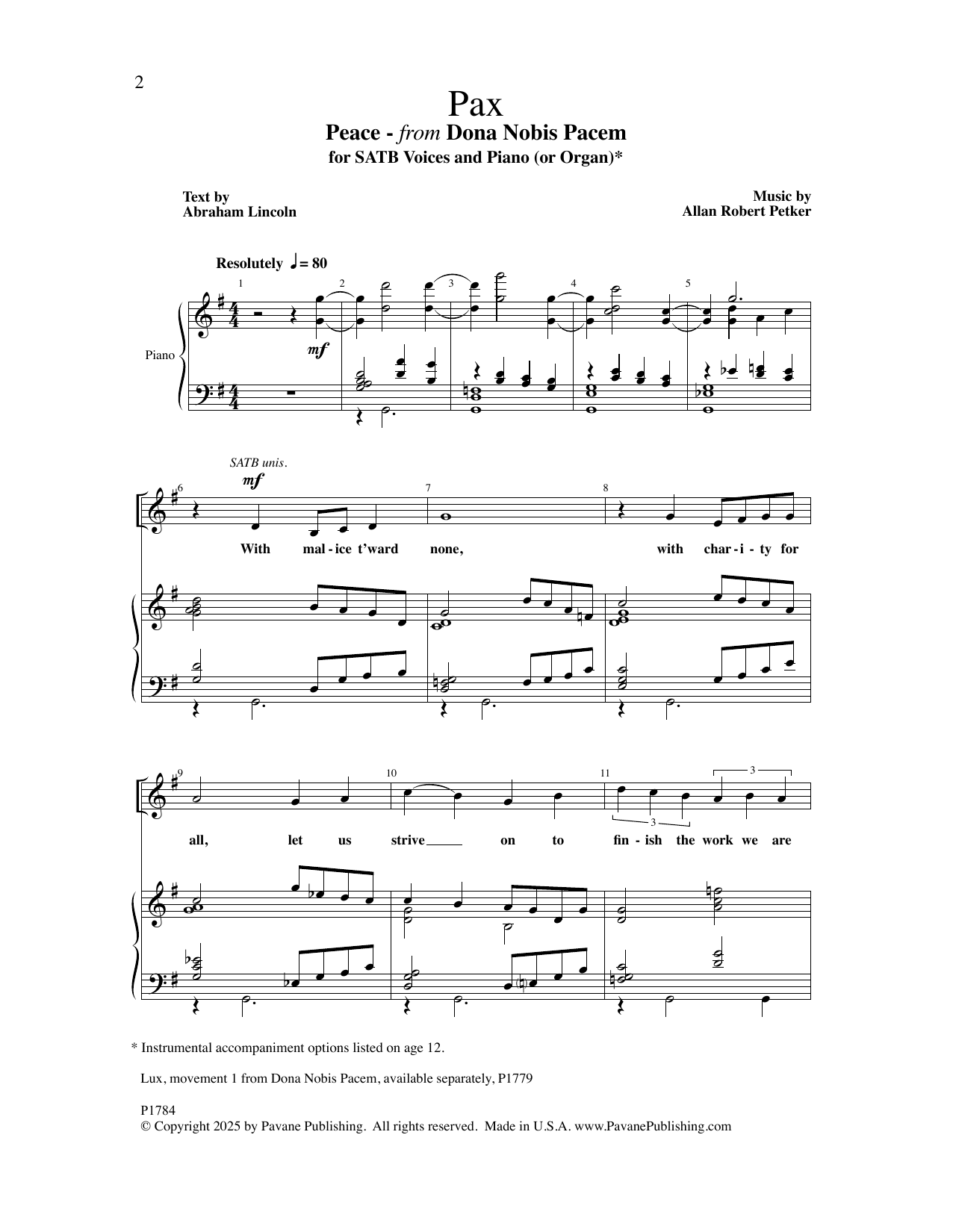 Allan Robert Petker Pax sheet music notes and chords arranged for SATB Choir