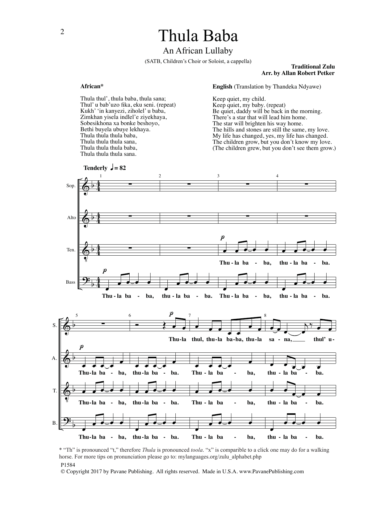 Allan Robert Petker Thula Baba sheet music notes and chords arranged for SATB Choir