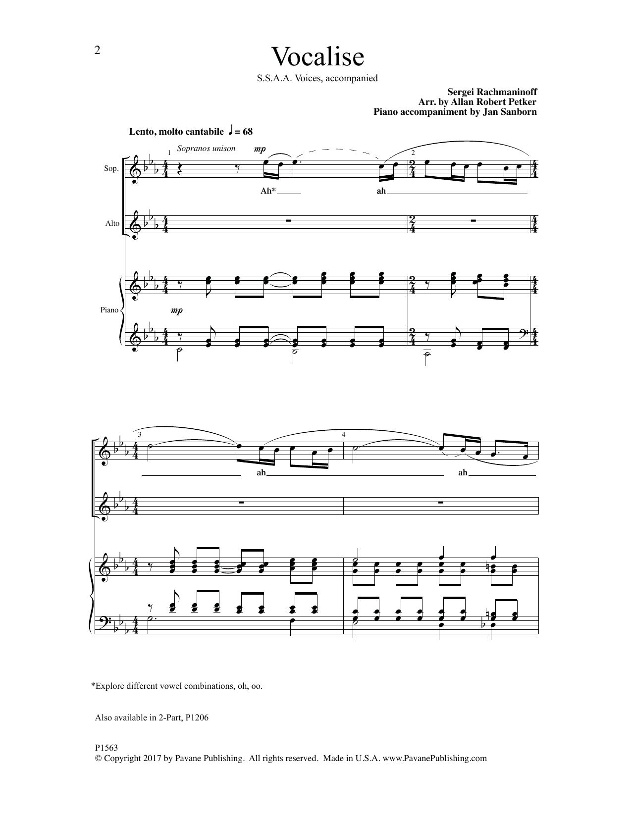 Allan Robert Petker Vocalise sheet music notes and chords arranged for SSAA Choir