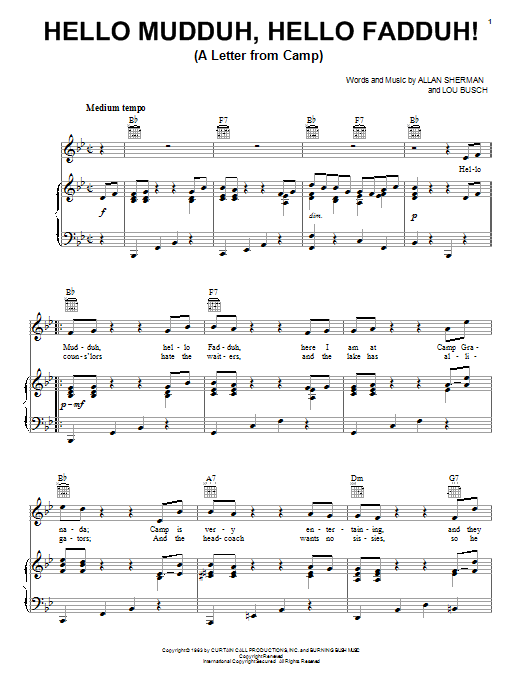 Allan Sherman Hello Mudduh, Hello Fadduh! (A Letter From Camp) sheet music notes and chords arranged for Piano, Vocal & Guitar Chords (Right-Hand Melody)