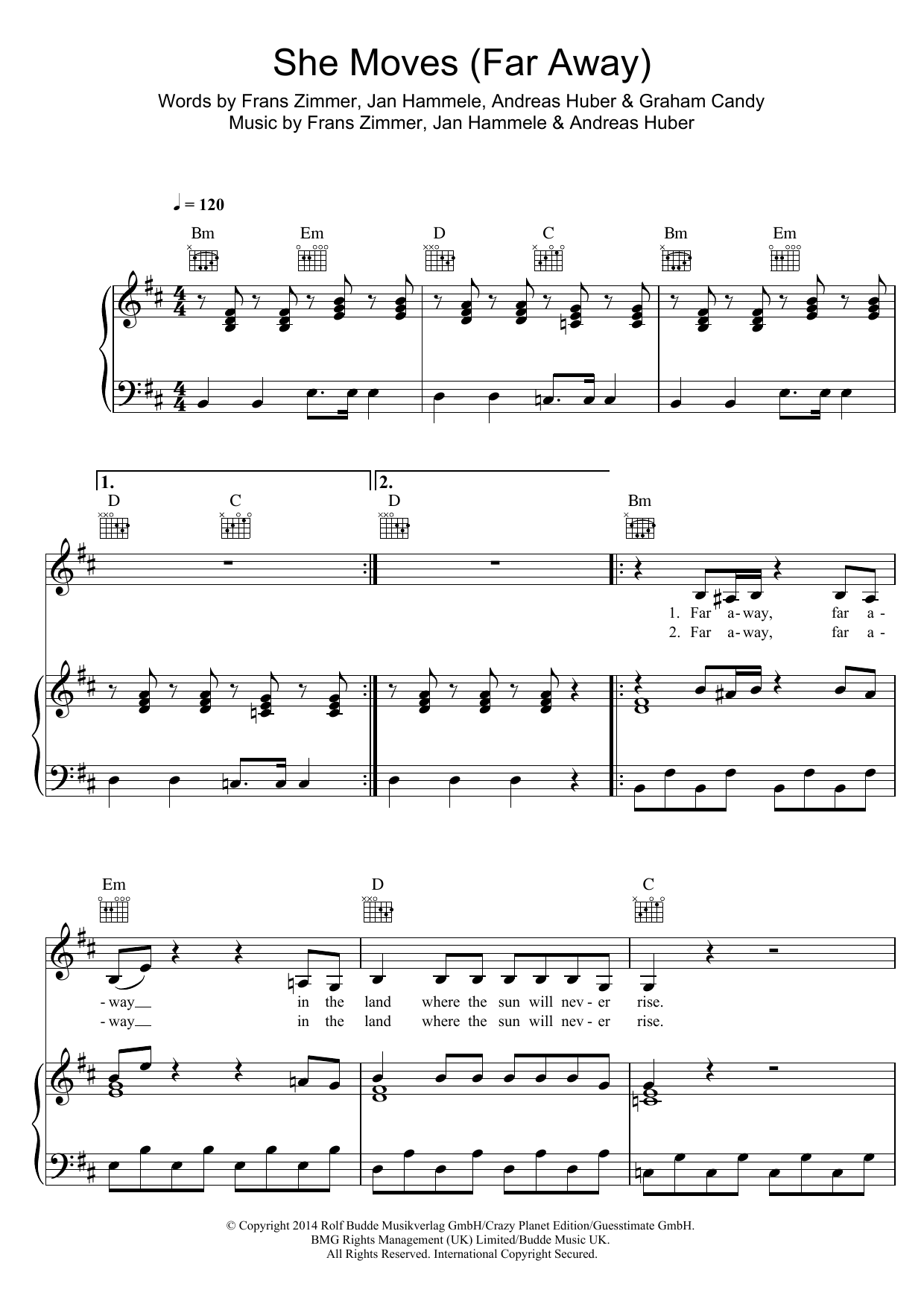 Alle Farben She Moves (Far Away) sheet music notes and chords arranged for Piano, Vocal & Guitar Chords