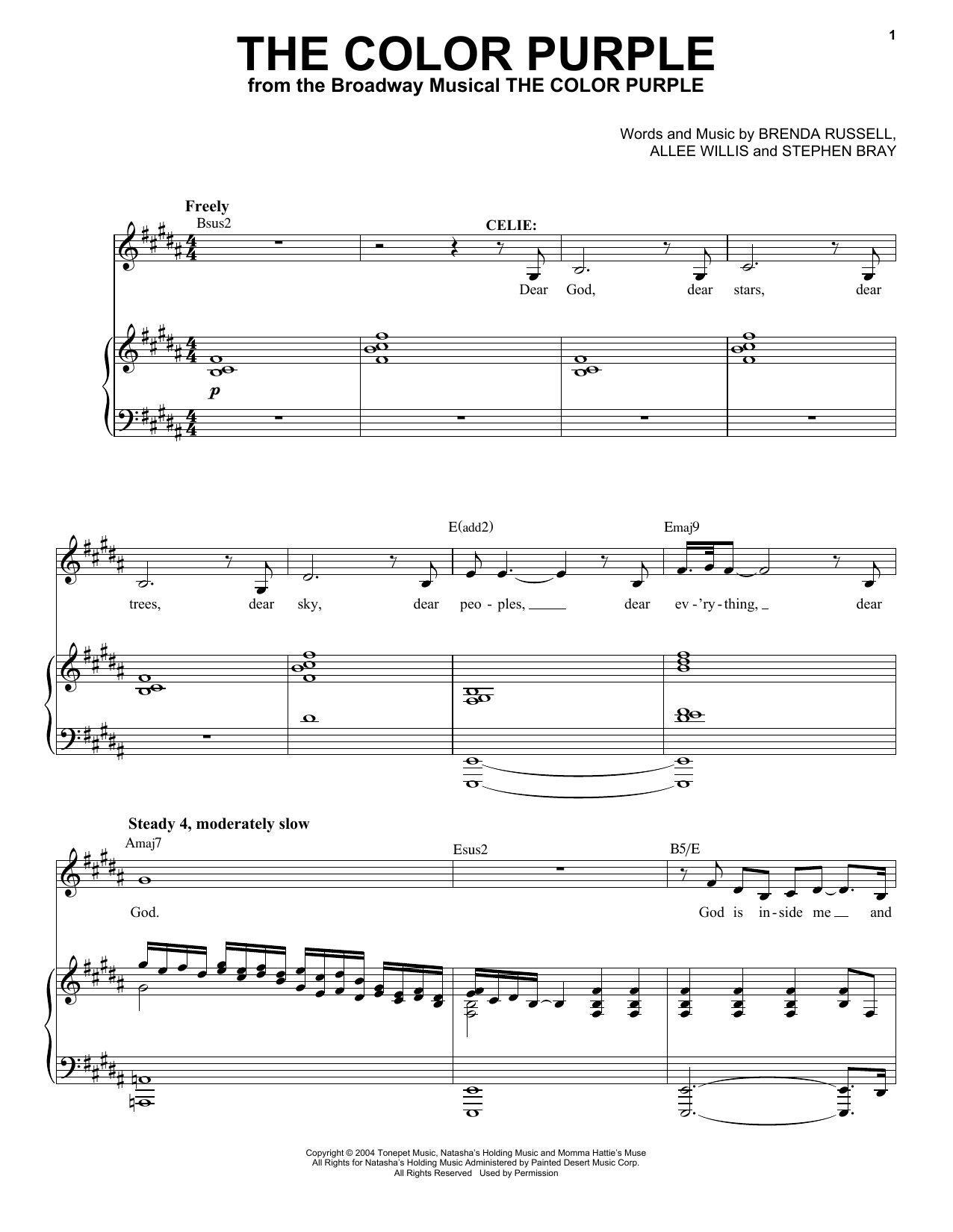 Allee Willis The Color Purple sheet music notes and chords arranged for Piano & Vocal