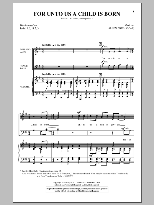 Allen Pote For Unto Us A Child Is Born sheet music notes and chords arranged for SATB Choir