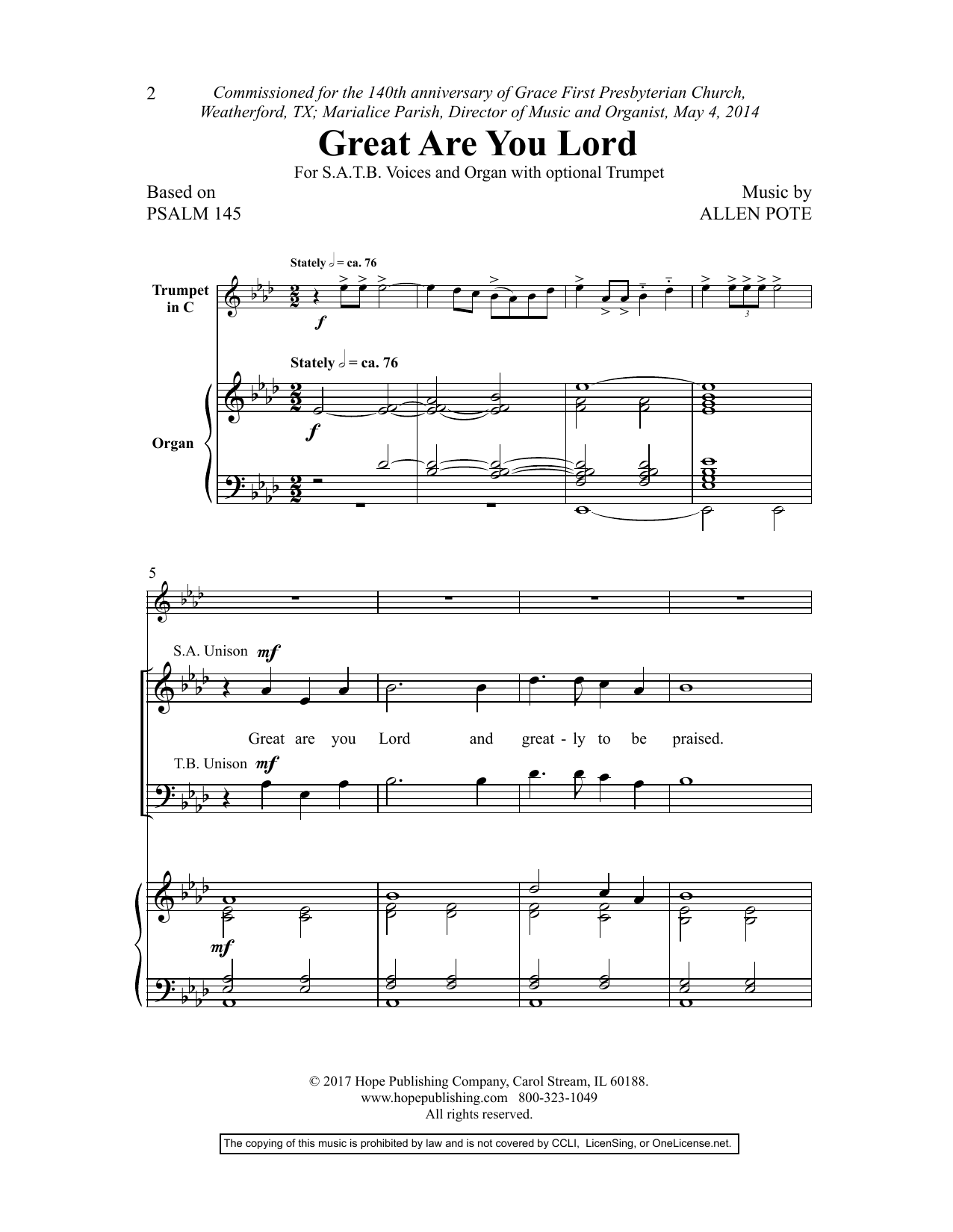 Allen Pote Great Are You Lord sheet music notes and chords arranged for Choir