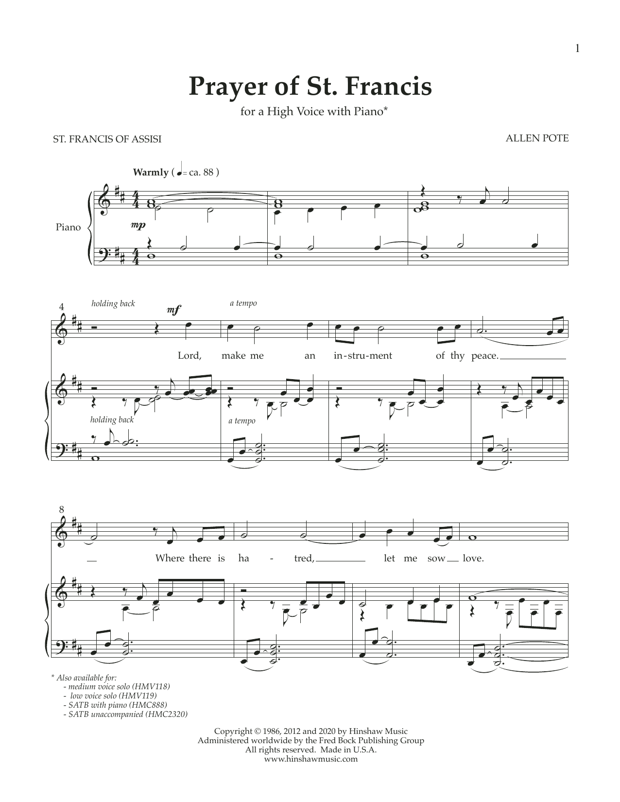 Allen Pote Prayer of St. Francis (High Voice) sheet music notes and chords arranged for Piano & Vocal