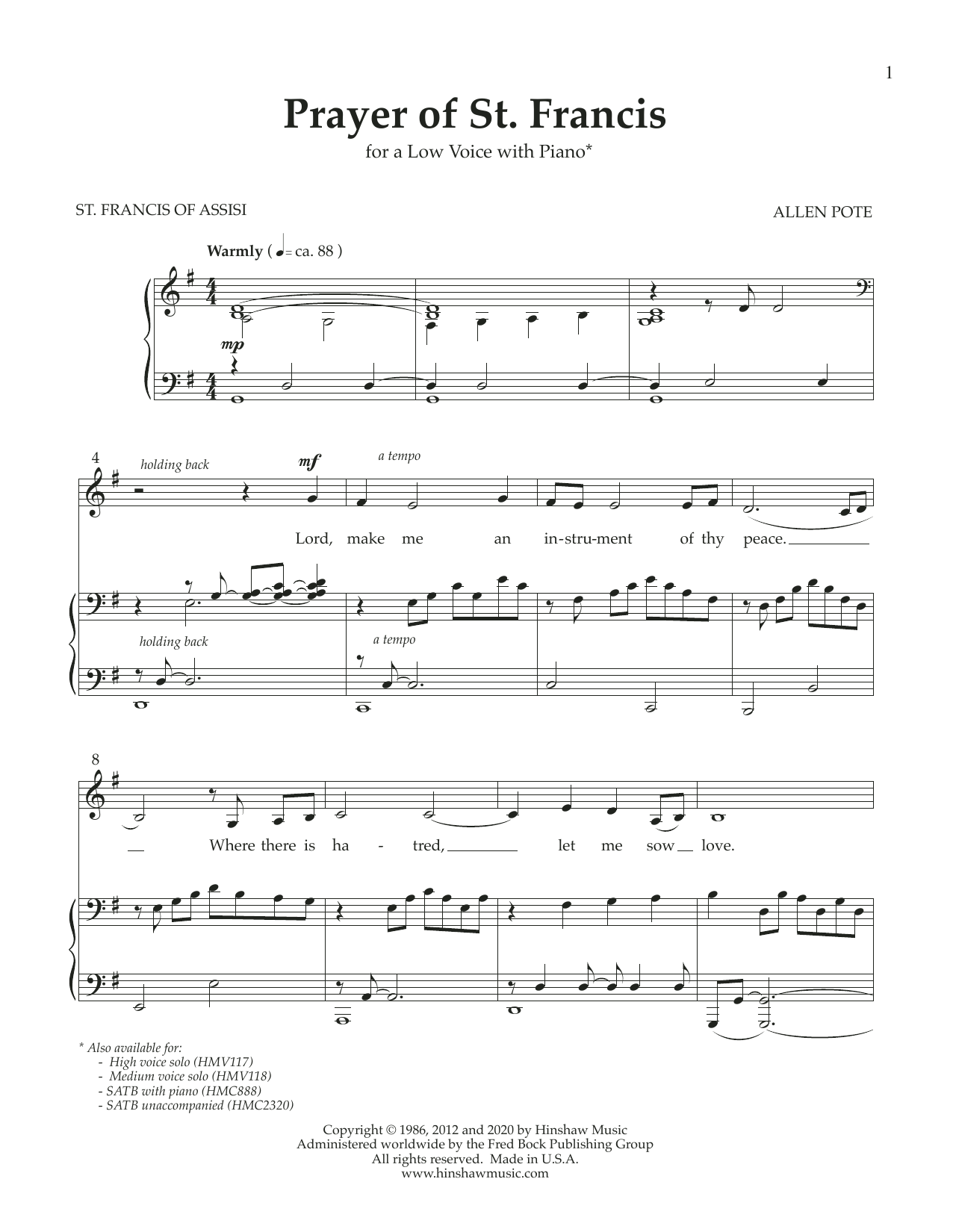 Allen Pote Prayer of St. Francis (Low Voice) sheet music notes and chords arranged for Piano & Vocal