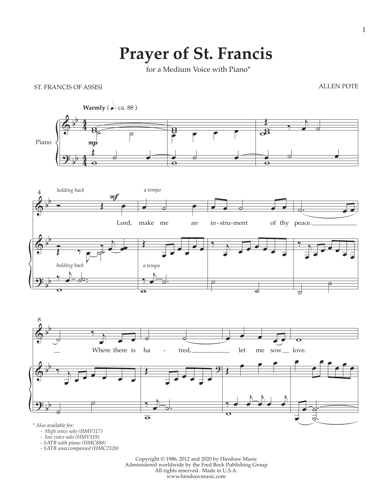 Allen Pote Prayer of St. Francis (Medium Voice) sheet music notes and chords arranged for Piano & Vocal