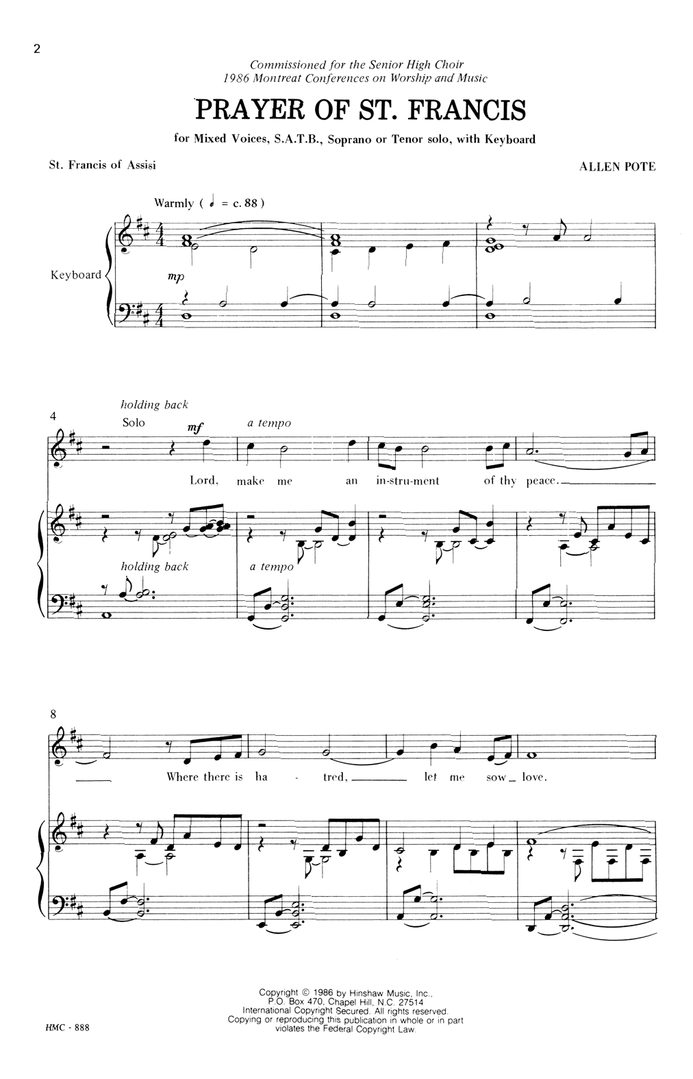 Allen Pote Prayer Of St. Francis sheet music notes and chords arranged for SATB Choir