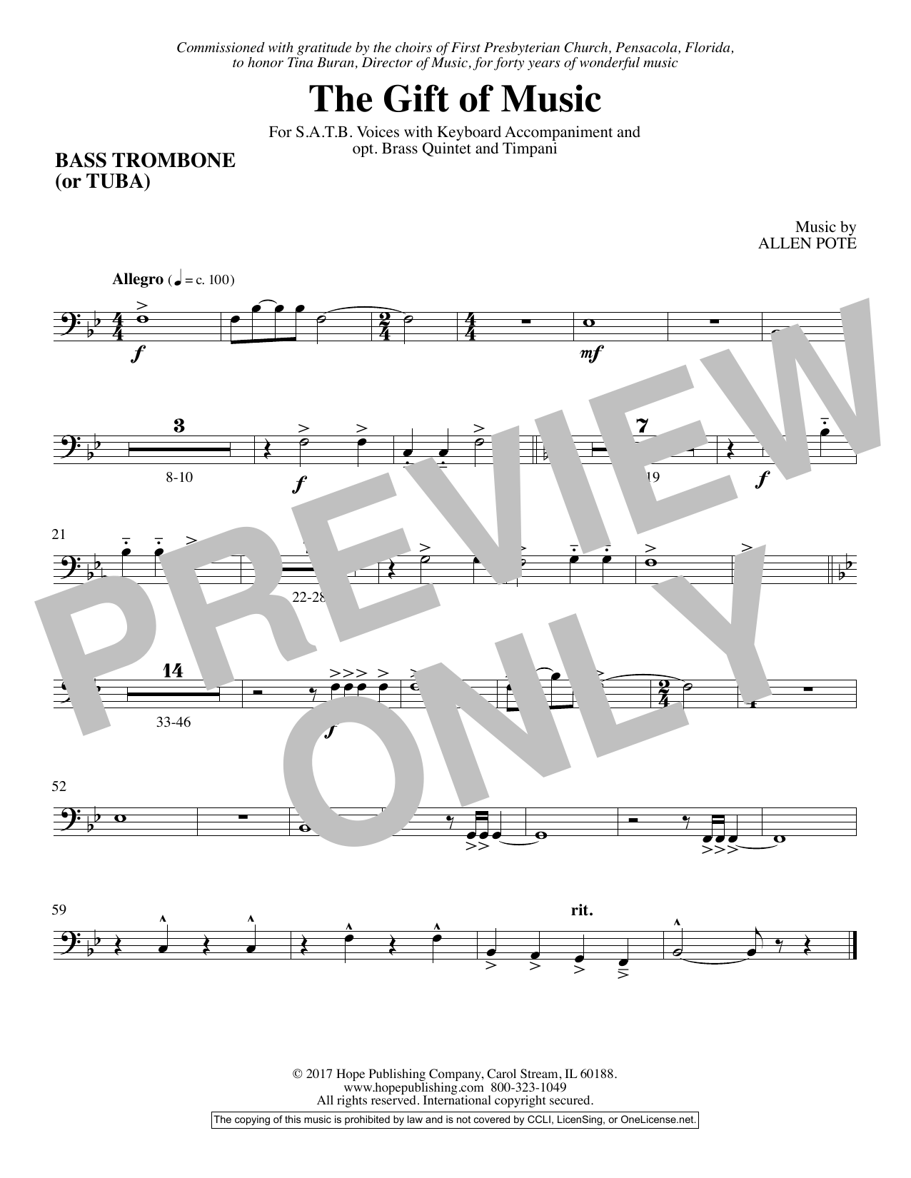 Allen Pote The Gift Of Music - Bass Trombone sheet music notes and chords arranged for Choir Instrumental Pak