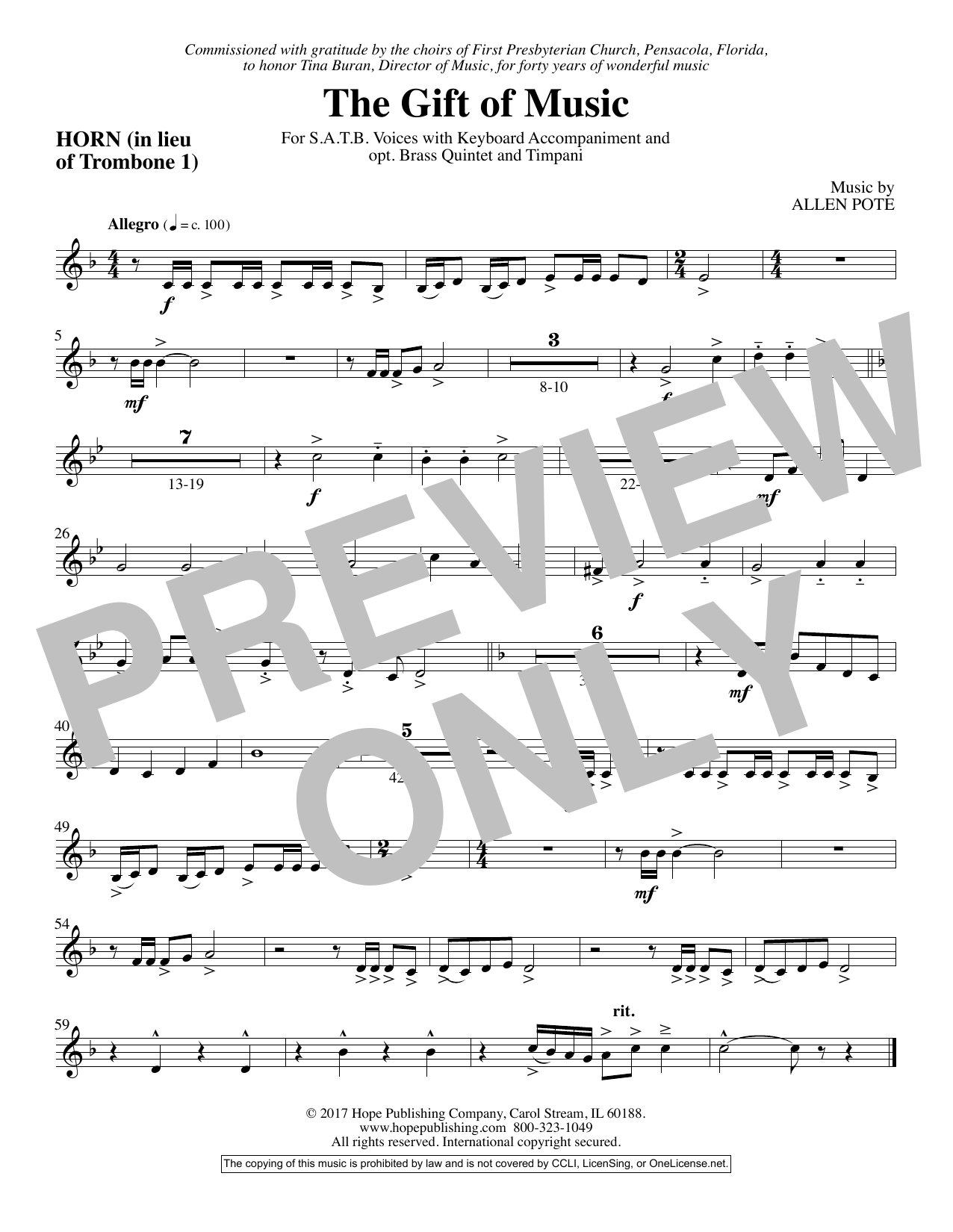 Allen Pote The Gift Of Music - Flugelhorn Solo sheet music notes and chords arranged for Choir Instrumental Pak