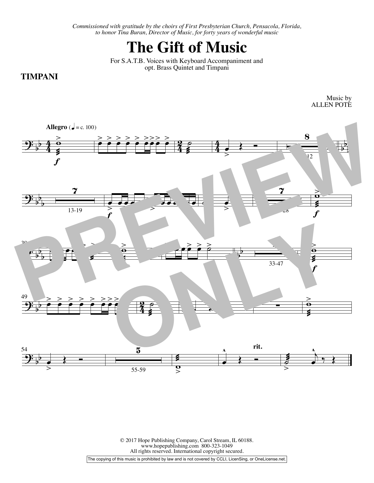Allen Pote The Gift Of Music - Timpani sheet music notes and chords arranged for Choir Instrumental Pak