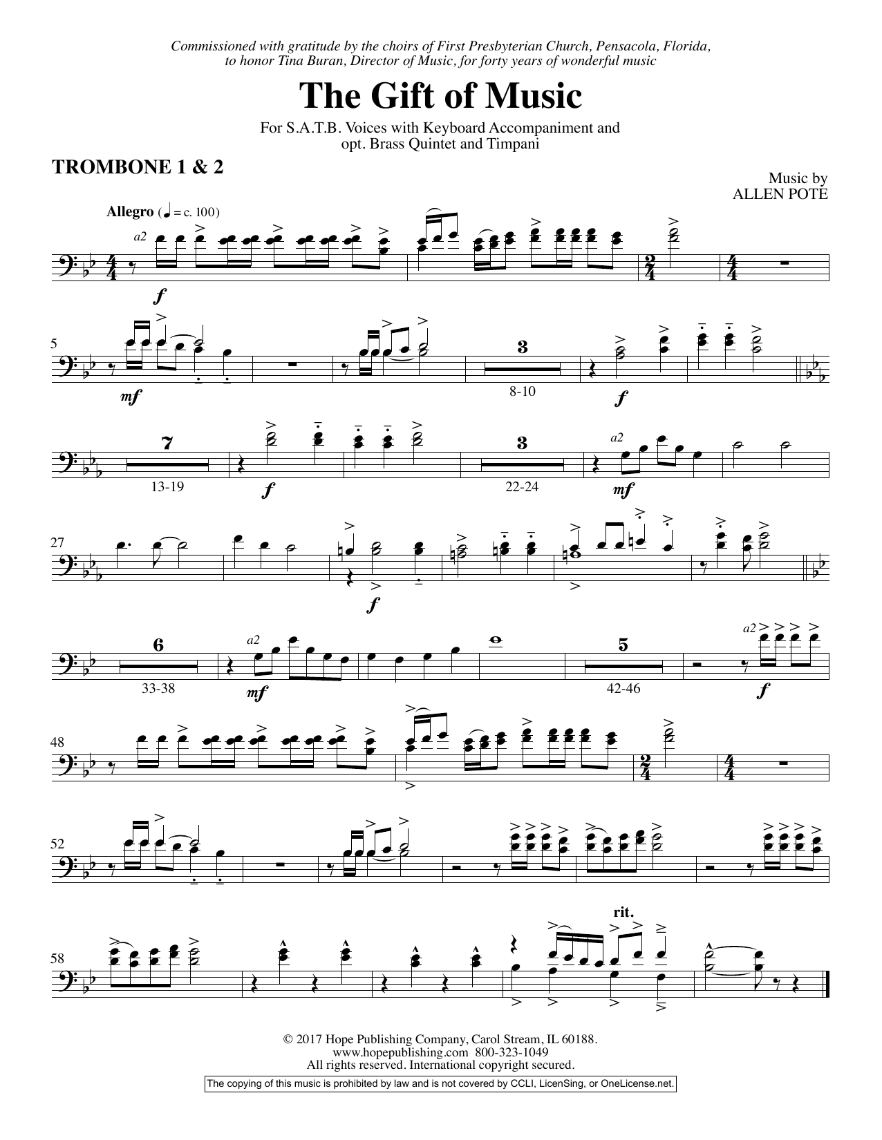 Allen Pote The Gift Of Music - Trombone 1 & 2 sheet music notes and chords arranged for Choir Instrumental Pak