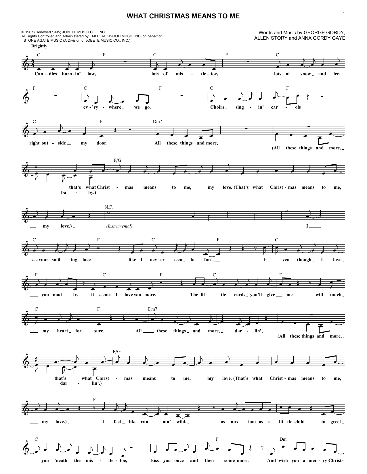 George Gordy What Christmas Means To Me sheet music notes and chords arranged for Lead Sheet / Fake Book