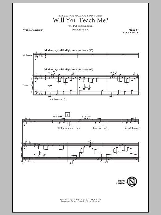 Allen Pote Will You Teach Me? sheet music notes and chords arranged for 3-Part Treble Choir