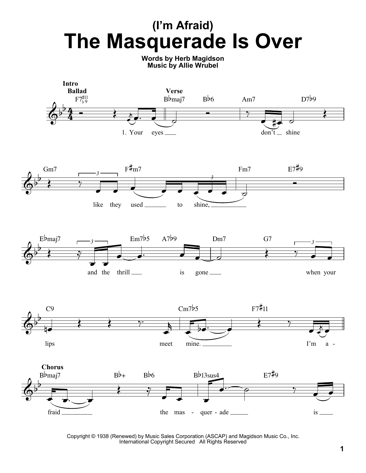 Allie Wrubel (I'm Afraid) The Masquerade Is Over sheet music notes and chords arranged for Pro Vocal