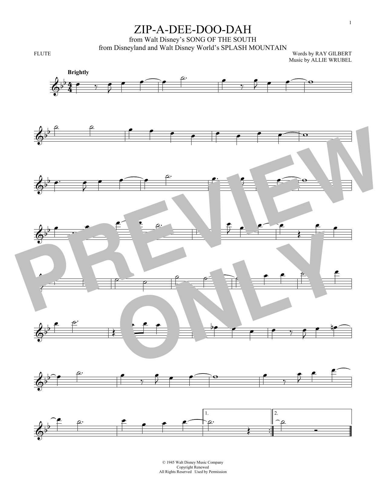 Allie Wrubel Zip-A-Dee-Doo-Dah (from Song Of The South) sheet music notes and chords arranged for Flute Solo