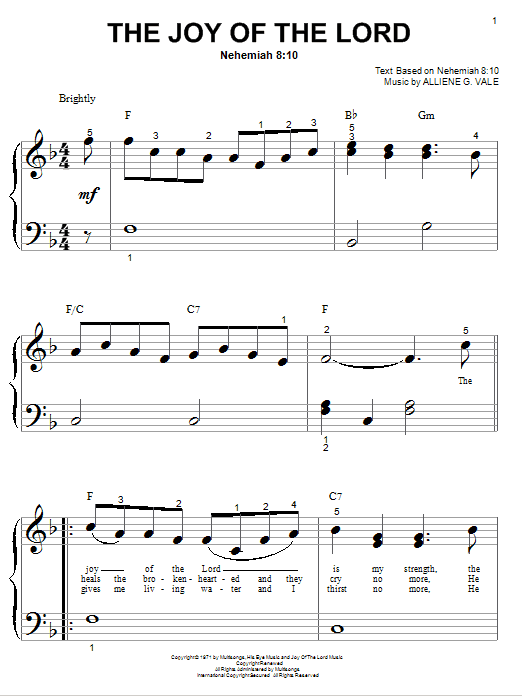 Alliene G. Vale The Joy Of The Lord sheet music notes and chords arranged for Big Note Piano
