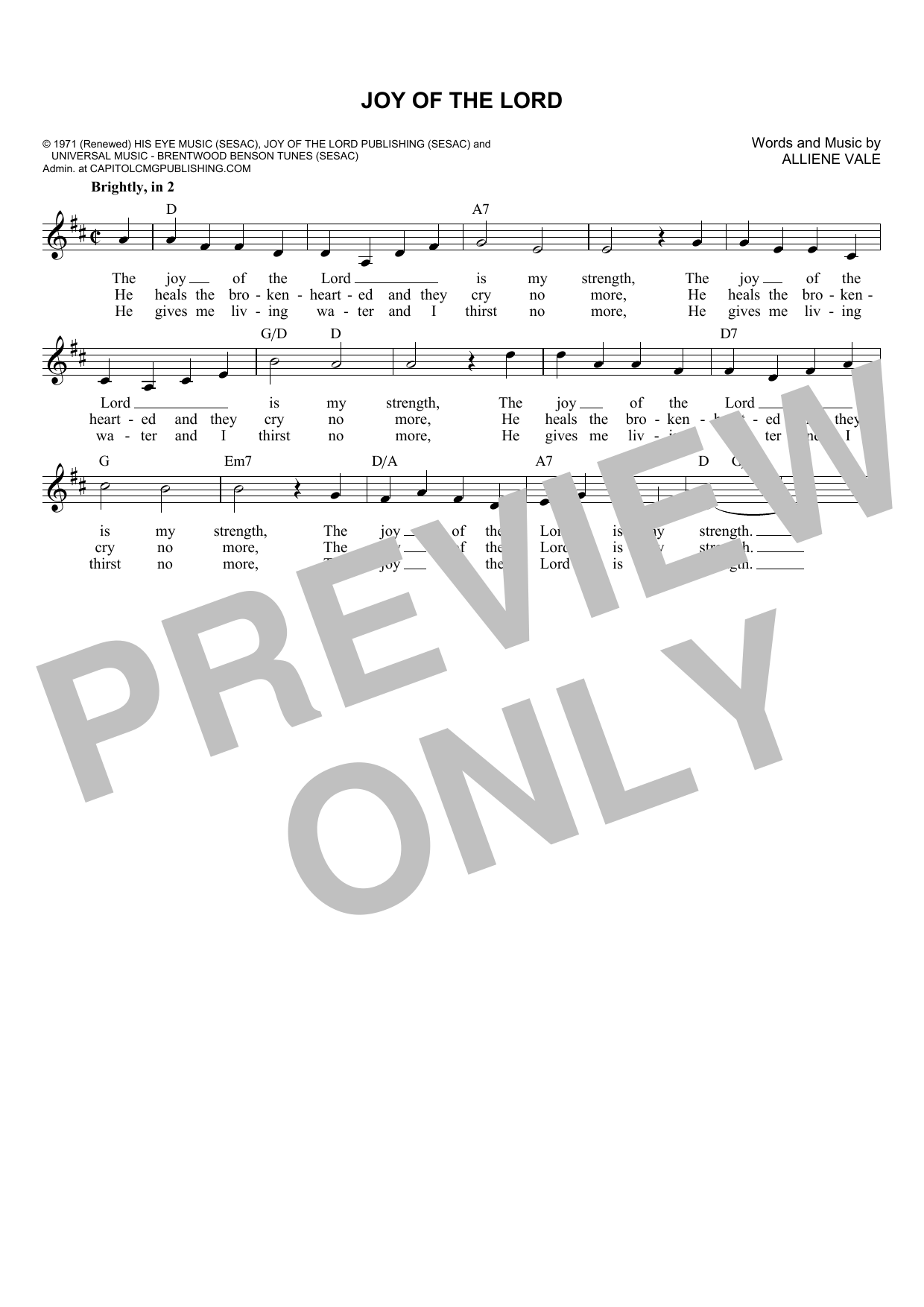 Alliene Vale Joy Of The Lord sheet music notes and chords arranged for Lead Sheet / Fake Book