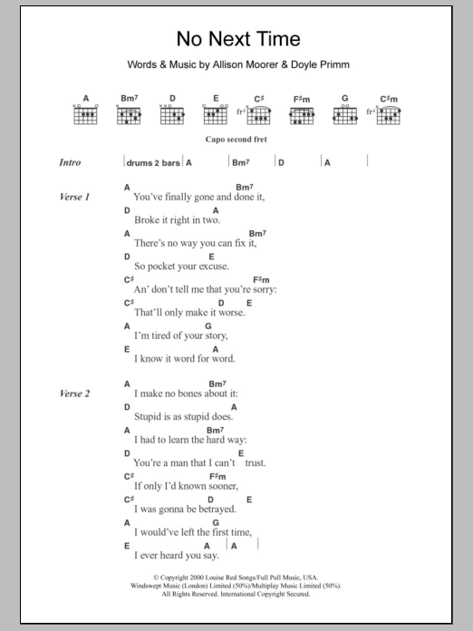 Allison Moorer No Next Time sheet music notes and chords arranged for Guitar Chords/Lyrics