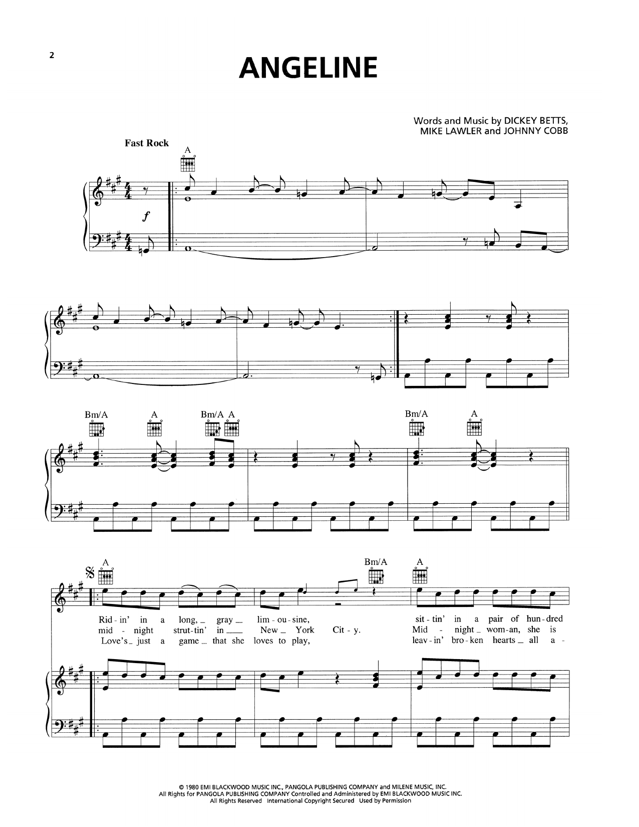 Allman Brothers Band Angeline sheet music notes and chords arranged for Piano, Vocal & Guitar Chords (Right-Hand Melody)