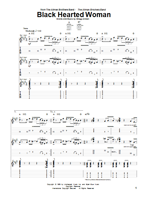 Allman Brothers Band Black Hearted Woman sheet music notes and chords arranged for Guitar Tab
