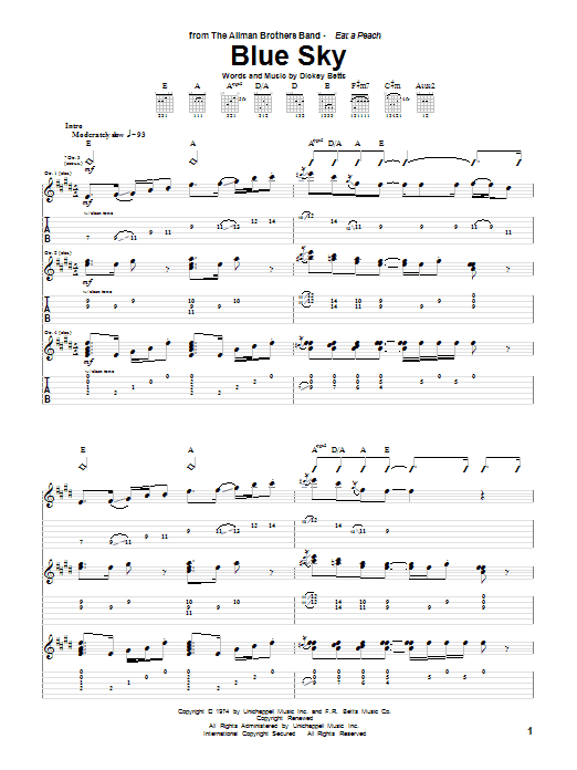 Allman Brothers Band Blue Sky sheet music notes and chords arranged for Guitar Tab (Single Guitar)