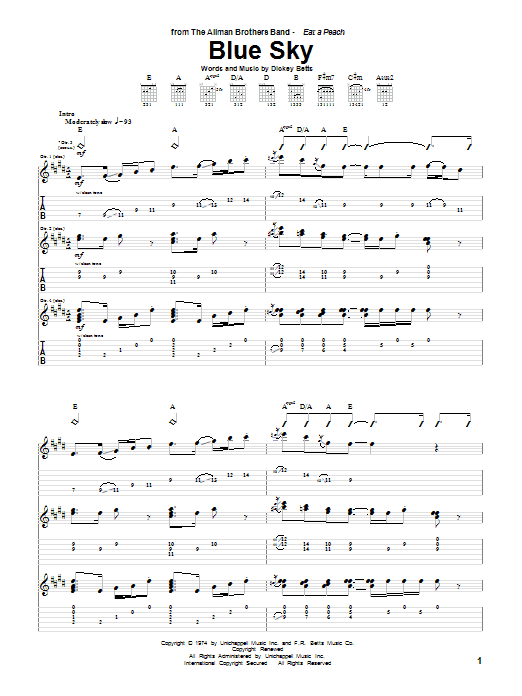 Allman Brothers Band Blue Sky sheet music notes and chords arranged for Guitar Tab