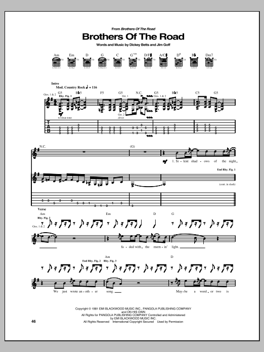 Allman Brothers Band Brothers Of The Road sheet music notes and chords arranged for Guitar Tab