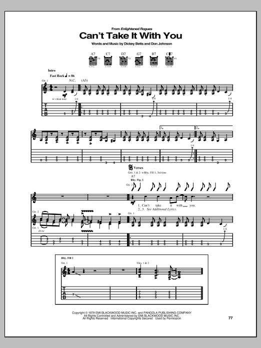 Allman Brothers Band Can't Take It With You sheet music notes and chords arranged for Guitar Tab