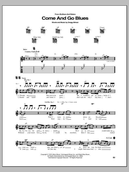 Allman Brothers Band Come And Go Blues sheet music notes and chords arranged for Guitar Tab