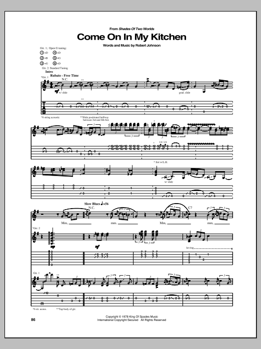 Allman Brothers Band Come On In My Kitchen sheet music notes and chords arranged for Guitar Tab