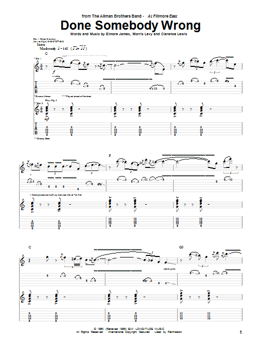 Allman Brothers Band Done Somebody Wrong sheet music notes and chords arranged for Guitar Tab