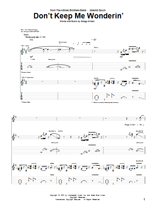 Allman Brothers Band Don't Keep Me Wonderin' sheet music notes and chords arranged for Guitar Tab