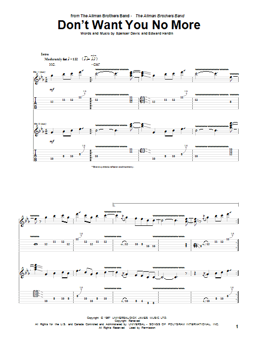 Allman Brothers Band Don't Want You No More sheet music notes and chords arranged for Guitar Tab