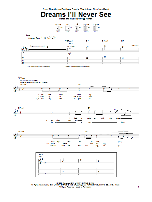 Allman Brothers Band Dreams I'll Never See sheet music notes and chords arranged for Guitar Tab