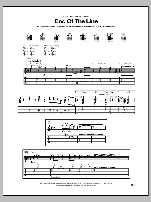 Allman Brothers Band End Of The Line sheet music notes and chords arranged for Guitar Tab