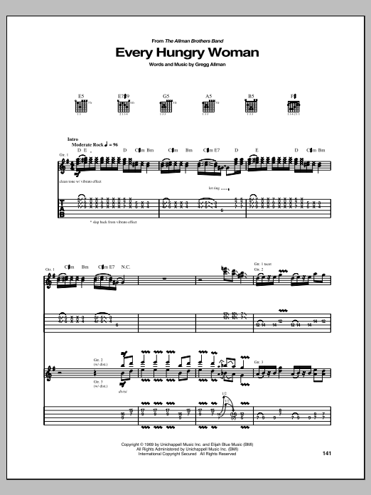 Allman Brothers Band Every Hungry Woman sheet music notes and chords arranged for Guitar Tab