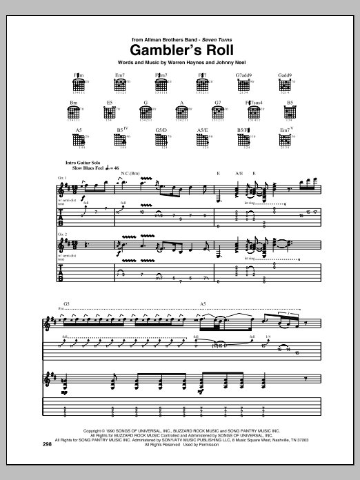 Allman Brothers Band Gambler's Roll sheet music notes and chords arranged for Guitar Tab