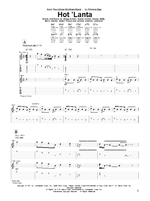 Allman Brothers Band Hot 'Lanta sheet music notes and chords arranged for Guitar Tab