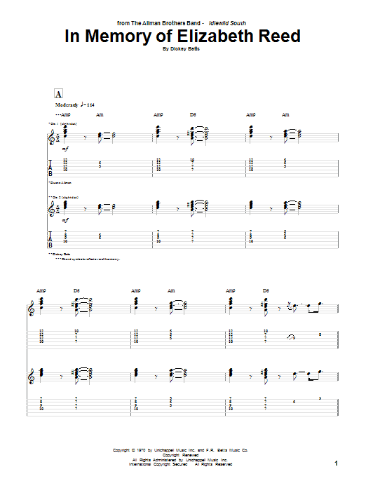 Allman Brothers Band In Memory Of Elizabeth Reed sheet music notes and chords arranged for Guitar Tab