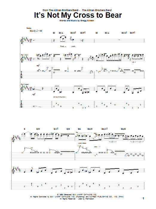 Allman Brothers Band It's Not My Cross To Bear sheet music notes and chords arranged for Guitar Tab