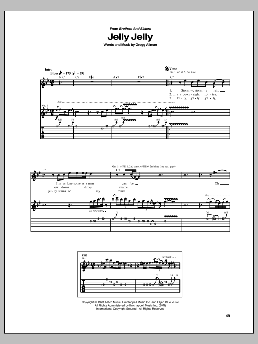 Allman Brothers Band Jelly Jelly sheet music notes and chords arranged for Guitar Tab
