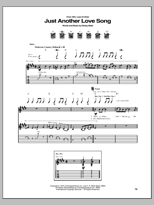 Allman Brothers Band Just Another Love Song sheet music notes and chords arranged for Guitar Tab