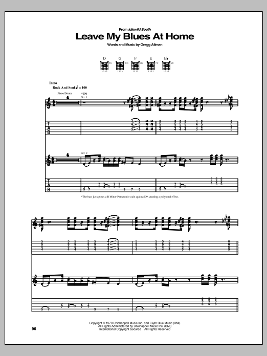 Allman Brothers Band Leave My Blues At Home sheet music notes and chords arranged for Guitar Tab