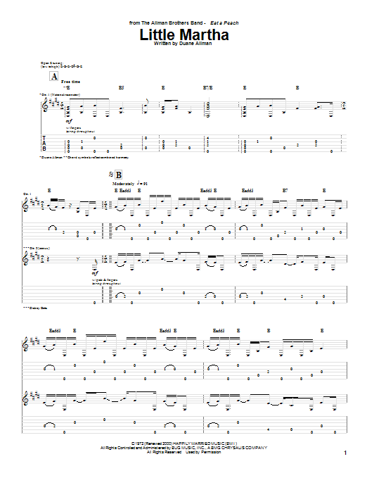 Allman Brothers Band Little Martha sheet music notes and chords arranged for Guitar Tab (Single Guitar)
